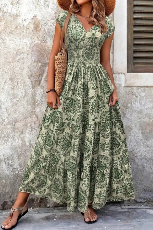 Kadın Kısa Kollu Kruvaze Yaka Beli Lastikli Süprem Maksi Boy Elbise