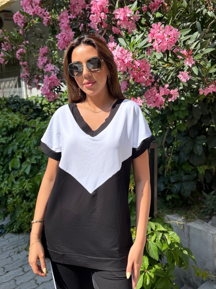 Kadın Kısa Kollu V Yaka Siyah Beyaz Renkli Viskon Iki Iplik Kumaş Eşofman Takımı - Görsel 3