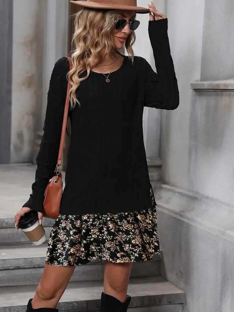 Kadın Uzun Kollu Bisiklet Yaka şardonlu Kaşkorse Bluz Ve Süprem Etek Elbise - Görsel 5