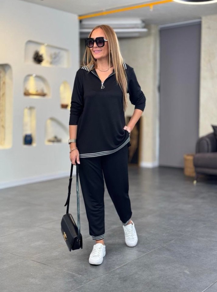 Kadın Uzun Kollu Fermuarlı şerit Detay Desenli Alt üst Ikili Viskon Iki Iplik Takım - Görsel 4