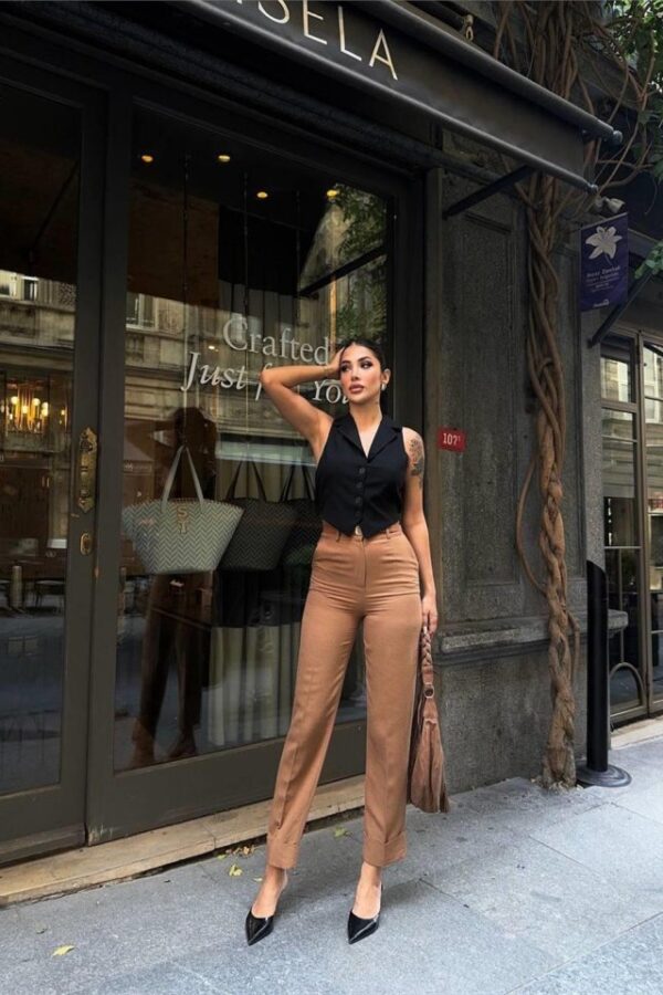 KETEN DUBLE PAÇA DERİ TABA KEMERLİ PANTOLON - Kahverengi