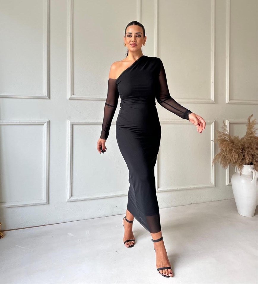 Kadın Uzun Kollu Omuz Dekolteli Içi Astarli Midi Boy Tül Elbise - Görsel 8