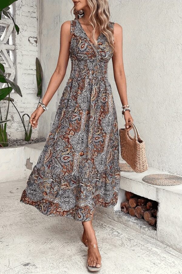 Kadın Beli Gipeli Etnik Desen Sıfır Kol Süprem Elbise