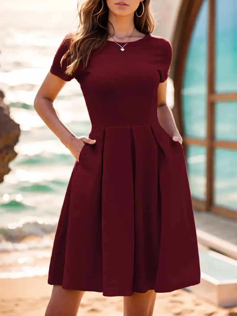 Kadın Kısa Kollu Bisiklet Yaka önden Pile Detaylı Janjan Krep Elbise - Görsel 7