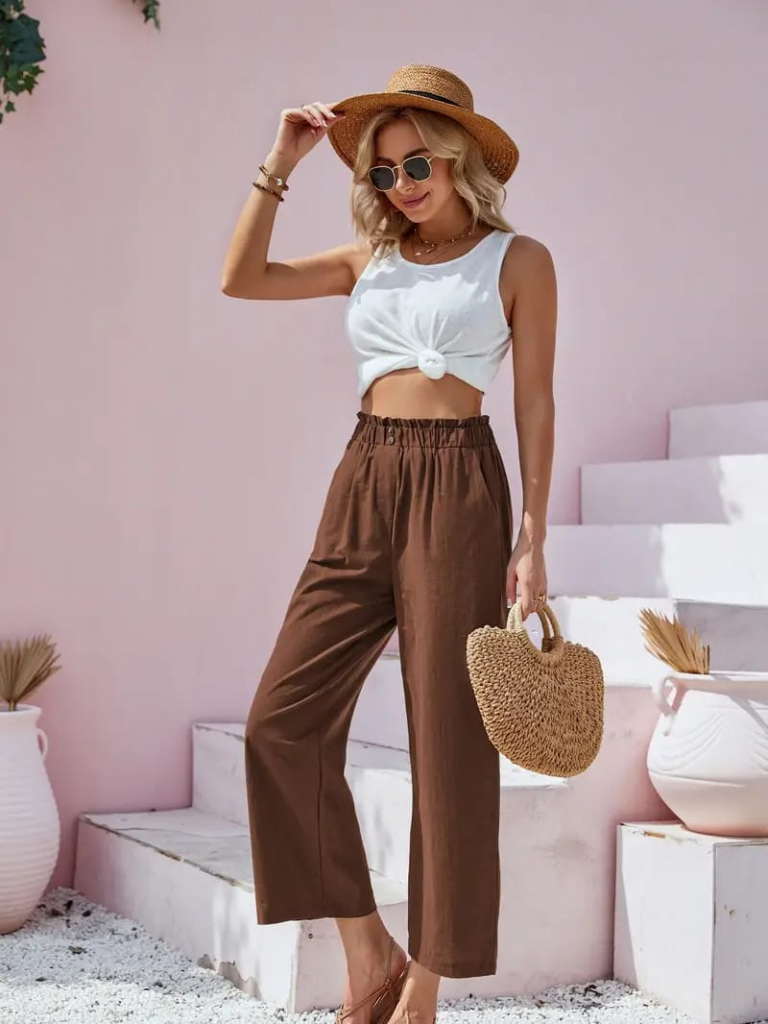 Kadın Bel Büzgü Ve Düğme Detay Kısa Geniş Paça Keten Pantolon - Görsel 11