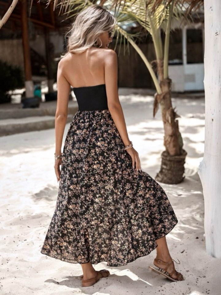 Kadın Askılı Sırt Dekolteli çiçek Baskılı üst Viskon Alt Süprem Elbise - Görsel 7