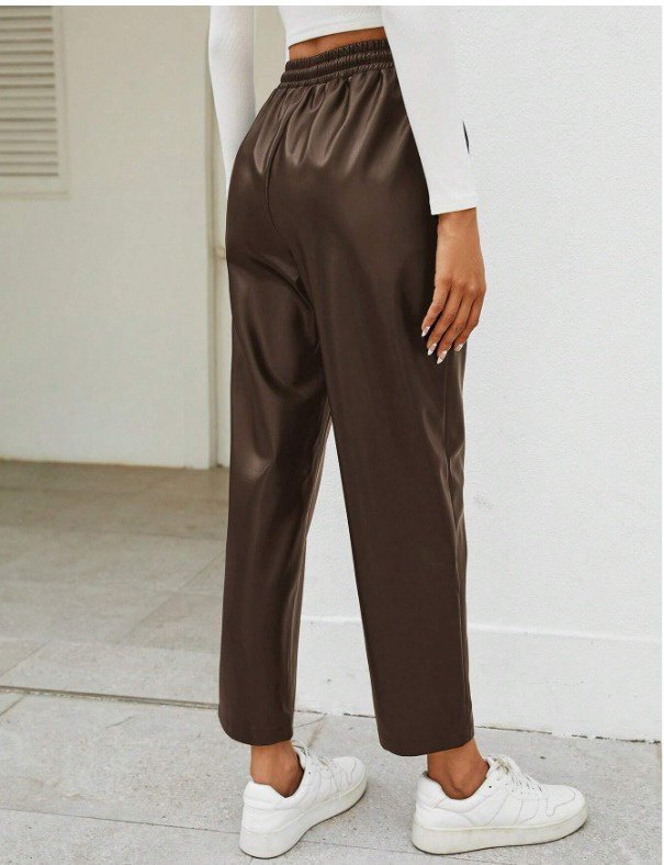 Kadın Yüksel Bel Bağcıklı Deri Pantolon - Görsel 9