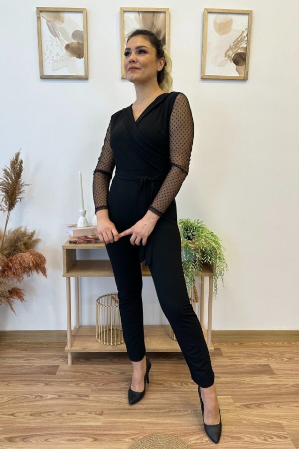 Krep Kumaş Kol Tül Puan Detaylı Kuşaklı Tulum 141 Cm