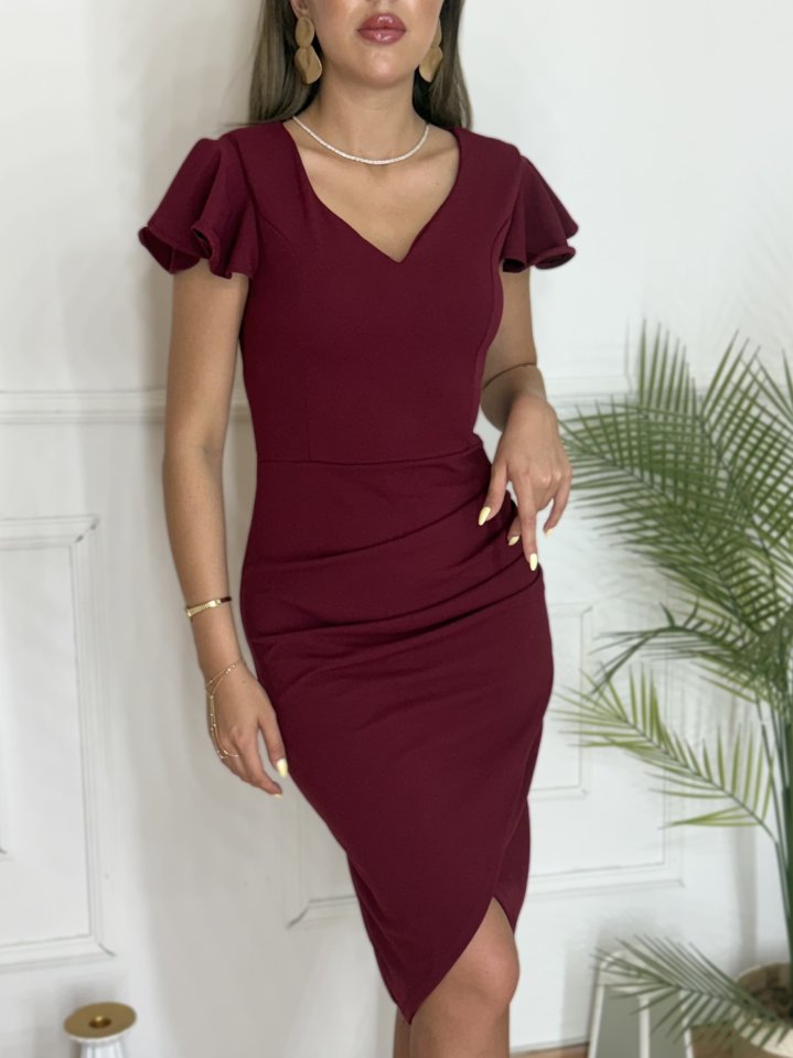QKadın Kısa Kollu Kalp Yaka Yanlardan Büzgü Detay Midi Janjan Krep Elbise - Görsel 4