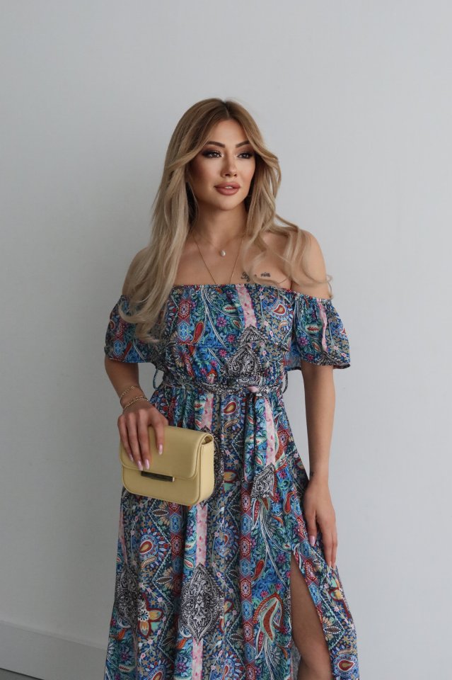 Kadın Kısa Kollu Madonna Yaka Fırfırlı Belden Yırtmaçlı Maksi Süprem Elbise - Görsel 4