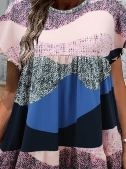 Kadın Kısa Kollu Bisiklet Yaka Kare Desenli Süprem Elbise - Görsel 3