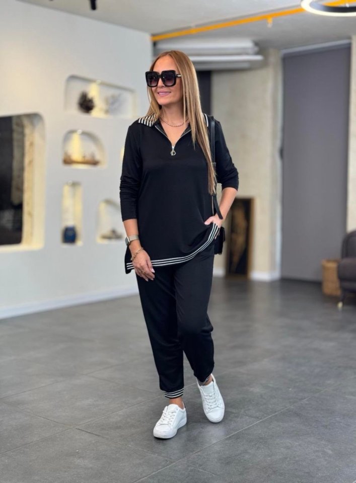 Kadın Uzun Kollu Fermuarlı şerit Detay Desenli Alt üst Ikili Viskon Iki Iplik Takım - Görsel 6