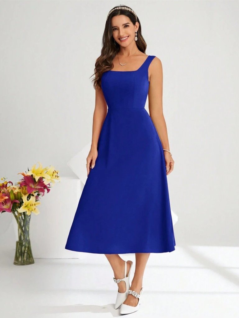 Kadın Askılı Kare Yakalı Midi Ithal Krep Elbise - Görsel 4