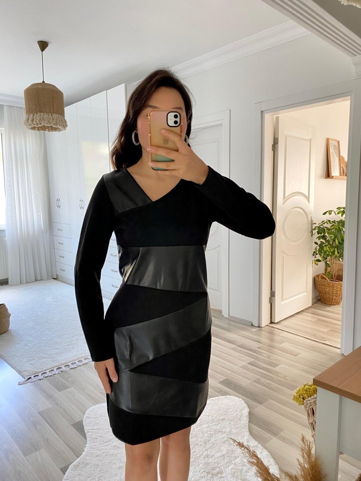 Kadın Uzun Kollu Asimetrik Yaka Süet Ve Deri Mini Boy Elbise - Görsel 9