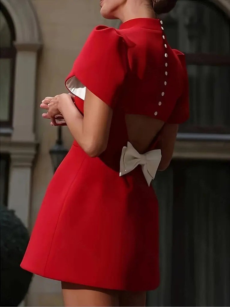 Kadın Kısa Kollu Balıkçı Yaka Arkadan Kelebek Dekolte Detaylı Kısa Atlas Elbise - Görsel 12