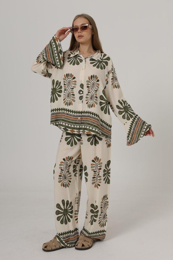 Desenli Kolları Volanlı Pantolon Takım - Kırmızı