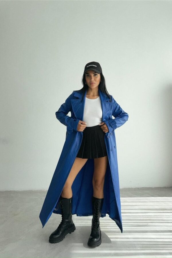 KAPİTONE DERİ TRENCH - Mavi