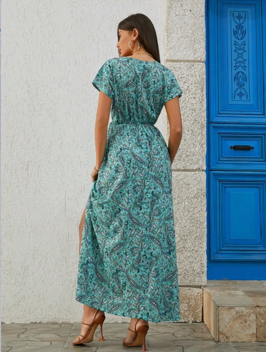 Kadın Kısa Kollu V Yaka Etnik Desenli Yırtmaç Detay Süprem Elbise (kemersiz) - Görsel 7