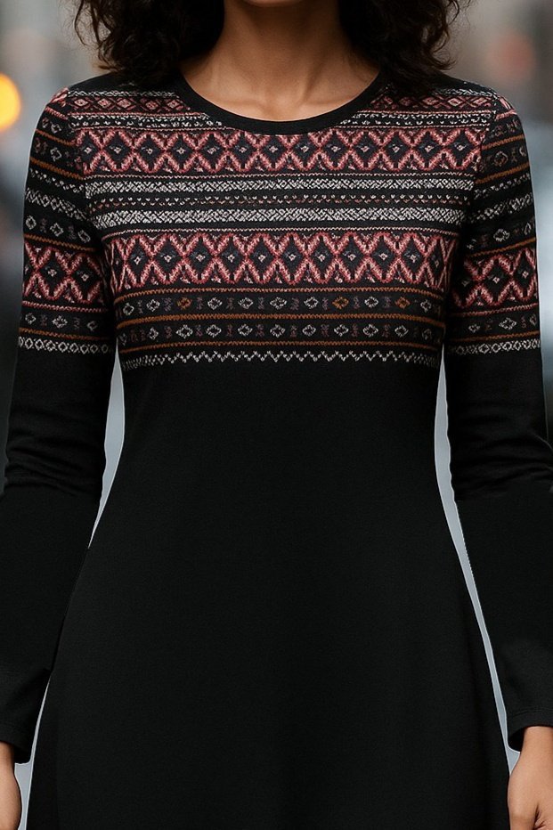 Kadın Uzun Kollu Bisiklet Yaka Etnik Desenli Kısa şardonlu Dalgıç Elbise - Görsel 5