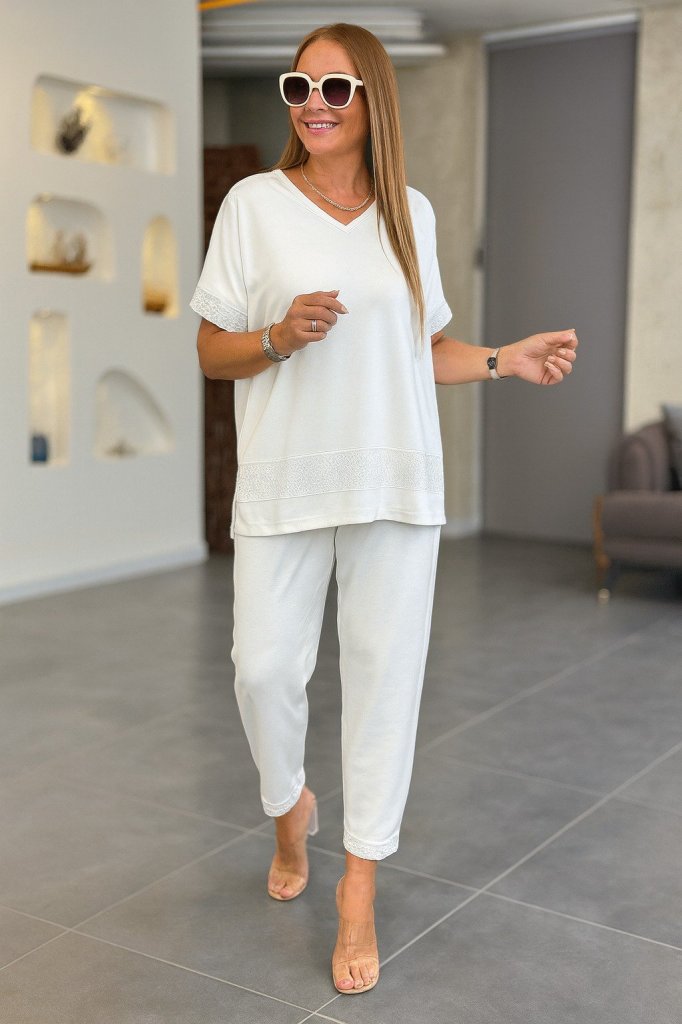 Kadın Kısa Kollu V Yakalı Pul Payetli Viskon Iki Iplik Bluz Ve Pantolon Ikili Takım - Görsel 14