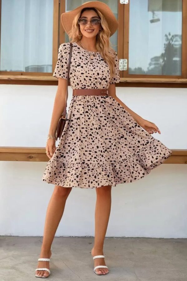 Kadın Kısa Kollu Bisiklet Yaka Desenli Süprem Elbise