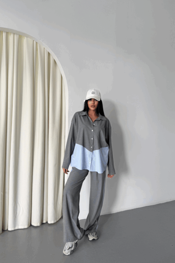 POLYVİSKON - POPLİN PARÇALI GÖMLEK PANTOLON TAKIM - Gri