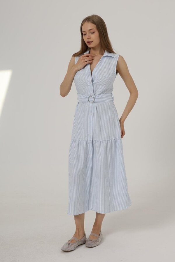 Kemerli Çizgili Elbise - Mavi