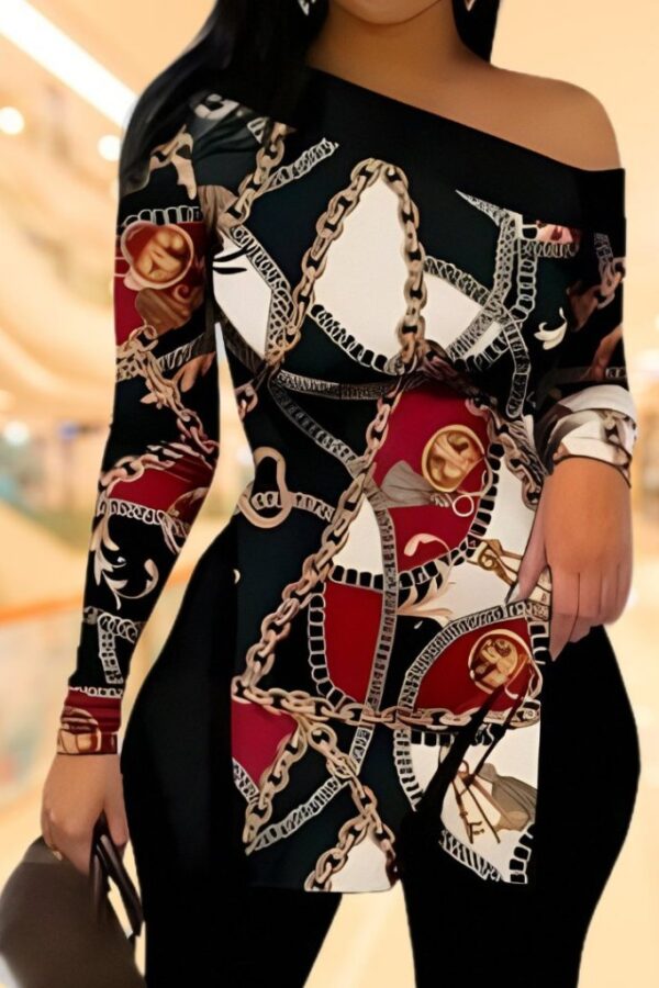 Kadın Uzun Kollu Zincir Desen Tek Omuz Düşük Mikro Bluz