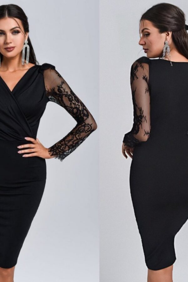 Kadın Uzun Kollu Kruvaze Yaka Kollar Tül Detay Ithal Krep Mini Boy Elbise