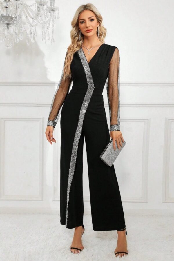 Kadın Uzun V Yakalı önden Pulpayet Detaylı Tüllü Uzun Ithal Krep Tulum