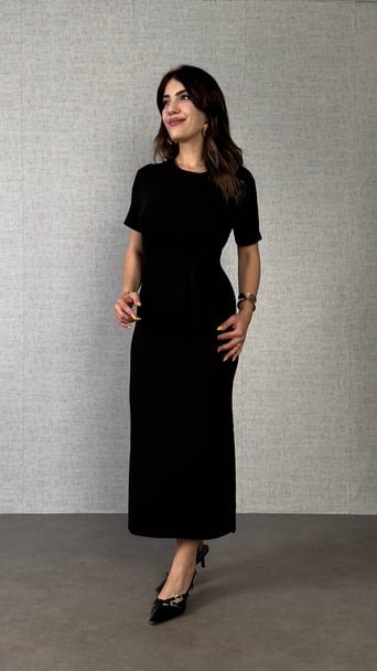 Kadın Kısa Kollu Bisiklet Yaka Yandan Bağlamalı Viskon Iki Iplik Elbise - Görsel 16