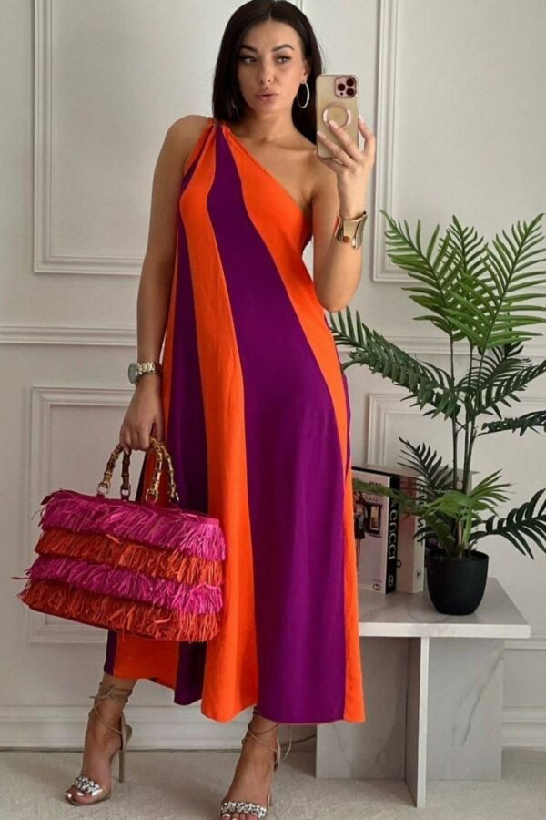 Kadın Aerobin Kumaş Parçalı Omuz Detay Maxi Boy Elbise