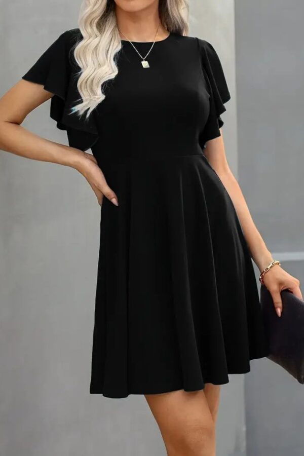 Kadın Kısa Kelebek Kollu Bisiklet Yaka Janjan Krep Elbise