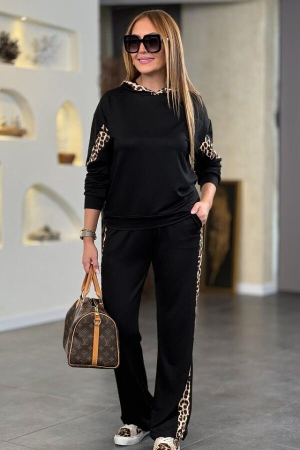 Kadın Kapüşonlu Leopar Detay Sweat Ve Yüksek Bel Yanları Leopar şeritli Bol Paça Pantolon Ikili Takım