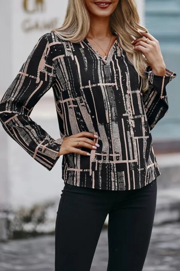 Kadın Uzun Kollu V Yakalı Desenli Dalgıç Bluz