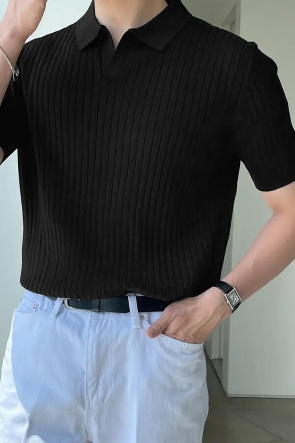 Erkek Kısa Kollu Yakalı çizgi Desenli Triko Bluz