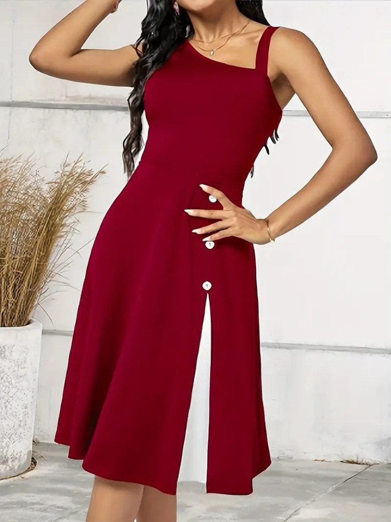 Kadın Tek Omuzu şerit Detaylı Kolsuz Yandan Düğme Detaylı Janjan Krep Elbise - Görsel 7