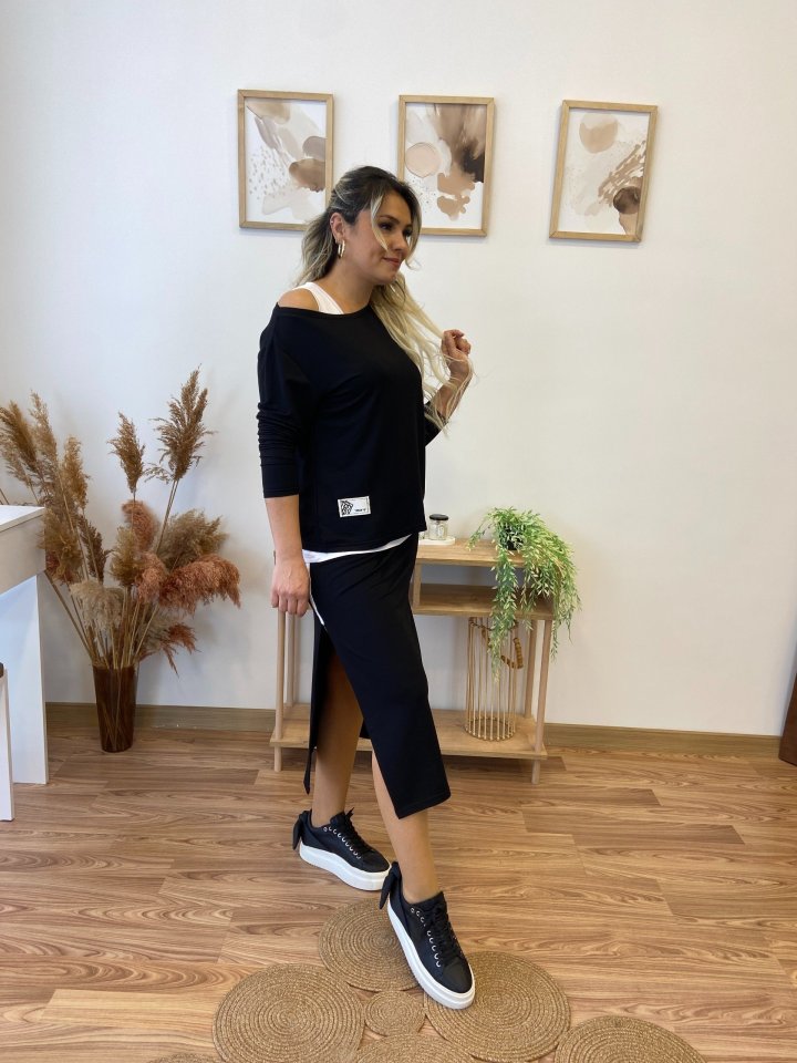 Kadın Uzun Kollu Tek Omuzu Açık Viskon Bluz Içi Atletli Ve Yandan şeritli üçlü Viskon Ikili Takım - Görsel 4