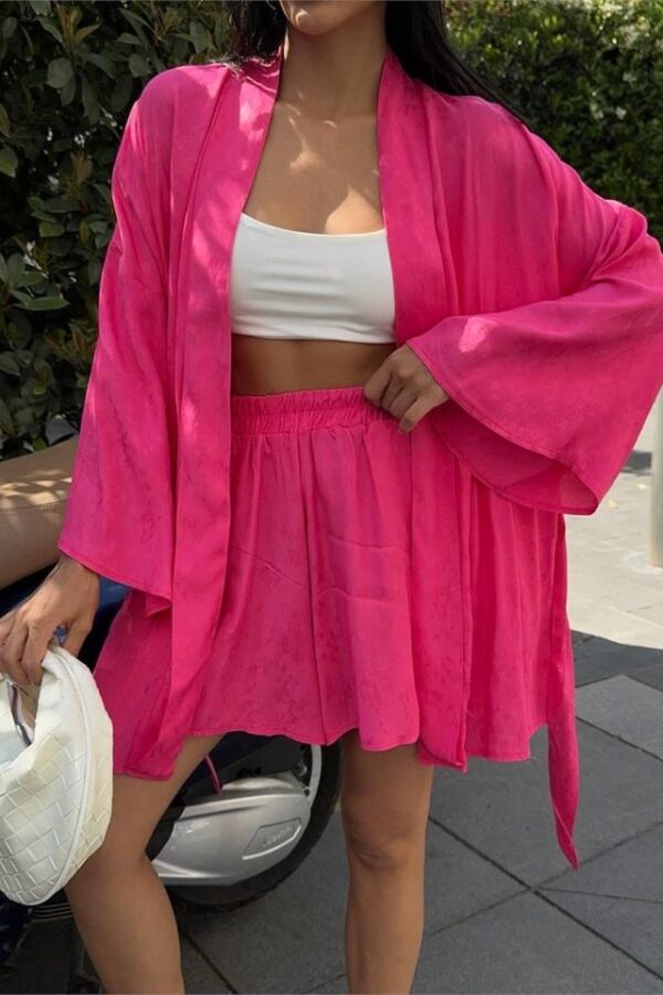 JAKARLI KİMONO - ŞORT TAKIM - Fuşya