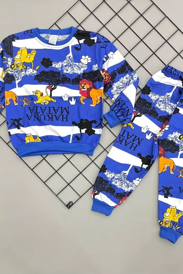 3-4-5-6 Yaş Aslan Kral Baskılı Şardonlu Uzun Kollu Kız Erkek Çocuk Takımı