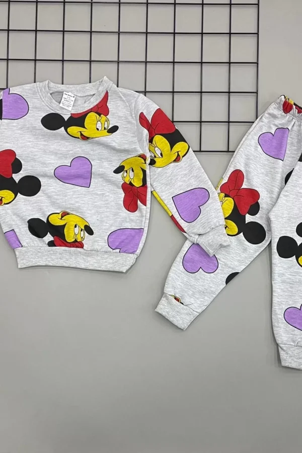 3-4-5-6 Yaş Bayan Mickey Baskılı Şardonlu Uzun Kollu Kız Çocuk Takımı Gri