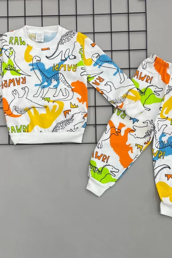 3-4-5-6 Yaş Dinazor Baskılı Şardonlu Uzun Kollu Kız Erkek Çocuk Takımı Ekru