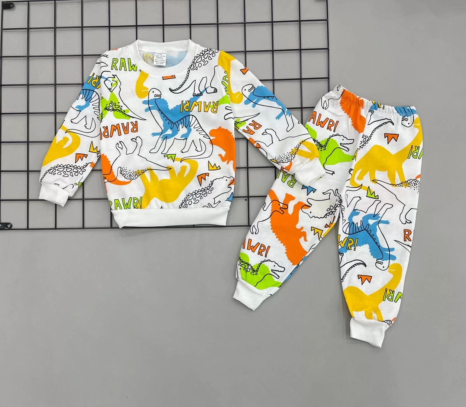 3-4-5-6 Yaş Dinazor Baskılı Şardonlu Uzun Kollu Kız Erkek Çocuk Takımı