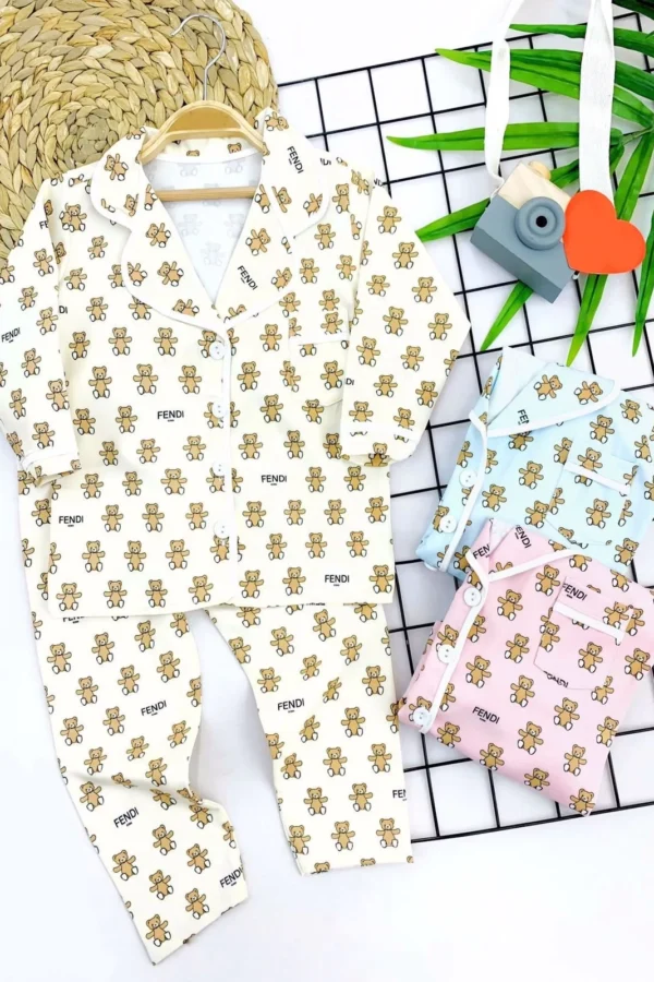 3-4-5-6 Yaş Fendi Baskılı Düğme Kapama 2li Kız Erkek Çocuk Pijama Takımı Pembe