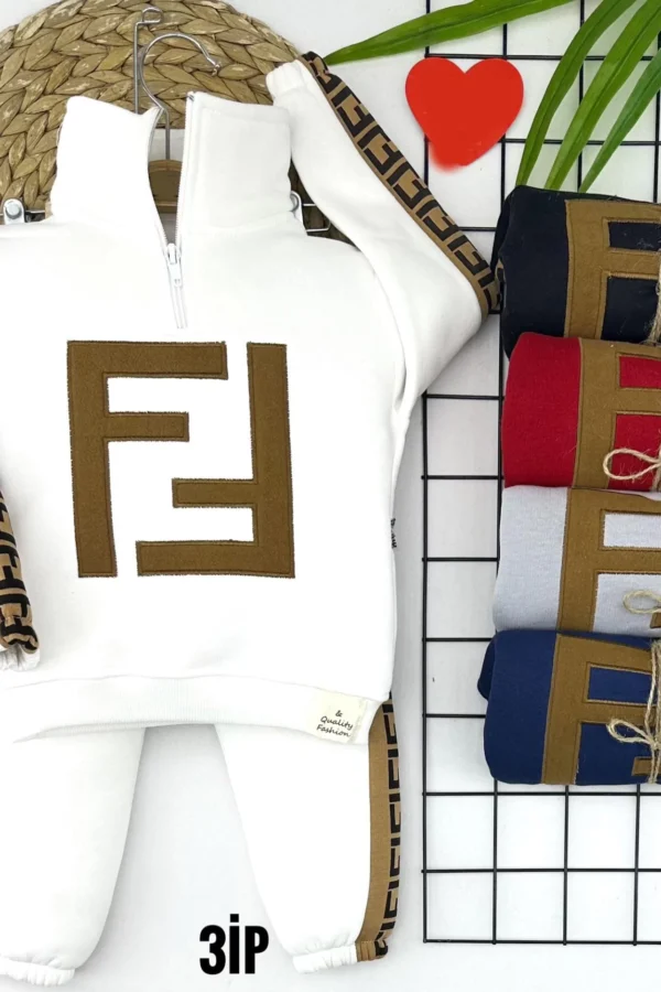 3-4-5-6 Yaş Fermuarlı Yaka F-f Baskılı Şeritli Uzun Kollu 2li Kız Erkek Çocuk Takımı Kırmızı