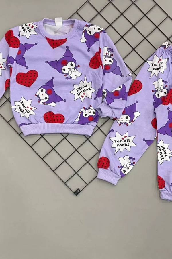 3-4-5-6 Yaş Kalp Baskılı Şardonlu Uzun Kollu Kız Çocuk Takımı Lila