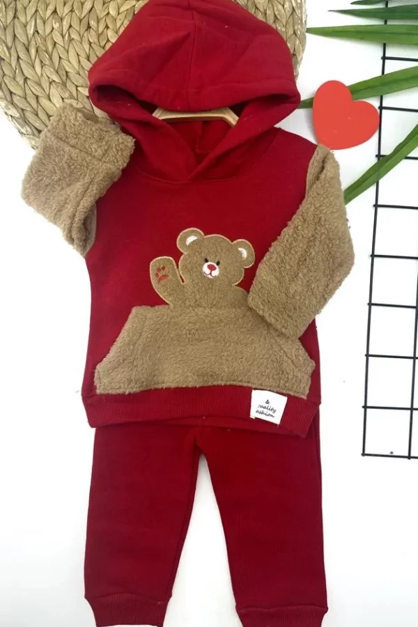 3-4-5-6 Yaş Kapşonlu Welsoft Ayıcık Nakışlı Uzun Kollu 2li Kız Erkek Çocuk Takımı Kırmızı