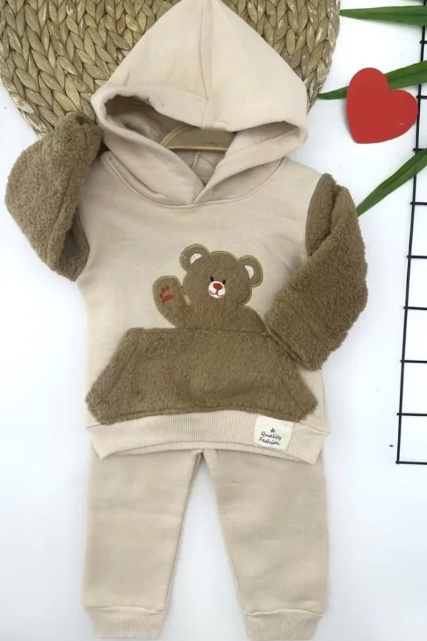 3-4-5-6 Yaş Kapşonlu Welsoft Ayıcık Nakışlı Uzun Kollu 2li Kız Erkek Çocuk Takımı Krem