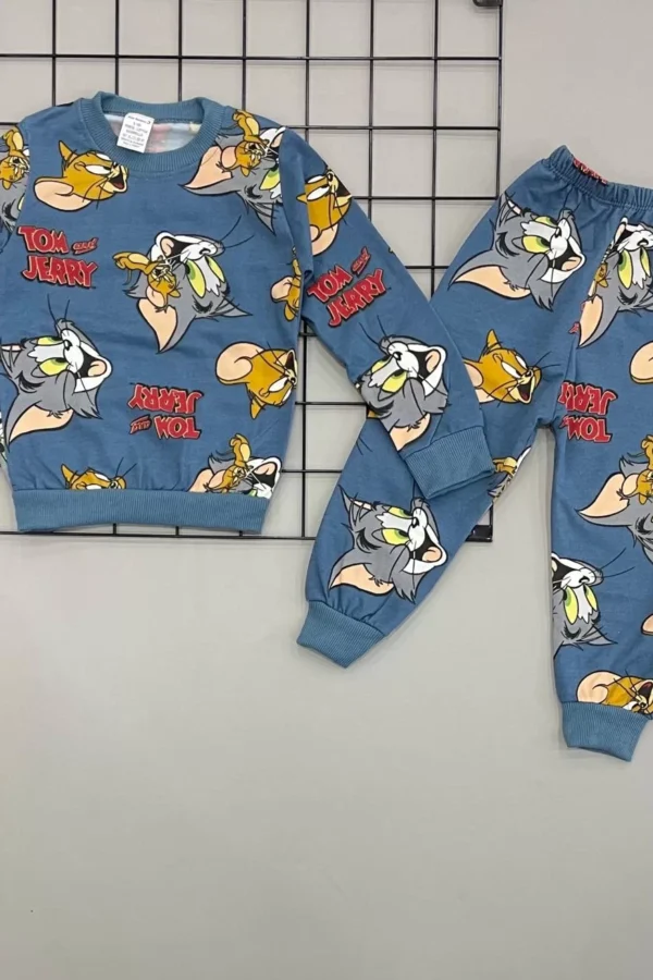 3-4-5-6 Yaş Kedi Fare Baskılı Şardonlu Uzun Kollu Kız Erkek Çocuk Takımı