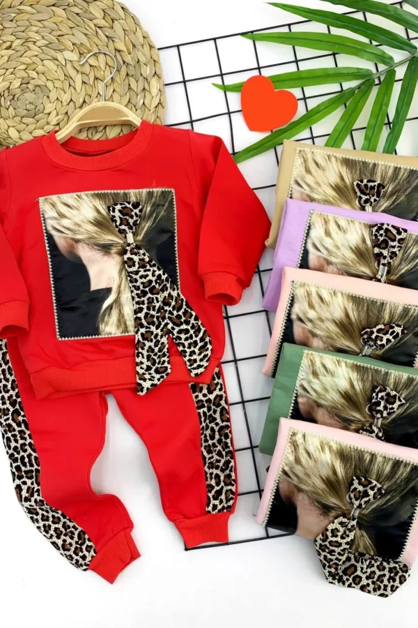 3-4-5-6 Yaş Lepoar Tokalı Leopar Şerit 2li Kız Çocuk Takımı Somon